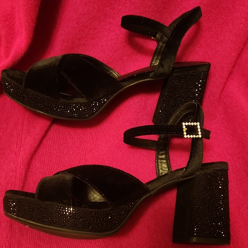 Reaction Kenneth Cole Black Velvet Heels with Black Rhinestone Platform